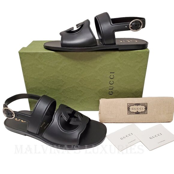GUCCI SHOES MENS BLACK LEATHER CUTOUT INTERLOCKING G LOGO SANDALS sz 11 / 11.5 - Picture 4 of 14